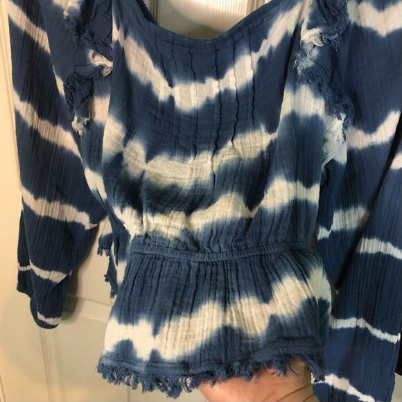 NWT True Craft Blue & White Tie Dye Raw Edge Women’s XL Long Sleeve Boho Shirt - Picture 9 of 10